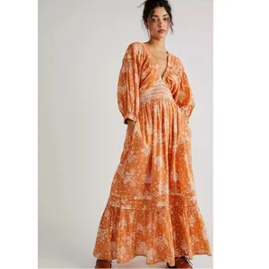 Free People Golden Hour Maxi Dress Bohemian Floral Dainty Tan Neutral Small thumbnail 3