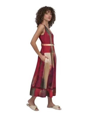 NWT DKNY Abstract Midi V-Neck Belted Dress P5EBTBEK Brush Stroke Brown Multi 6 thumbnail 2