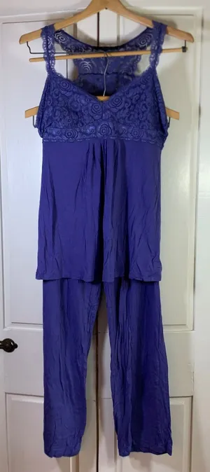 Tahari Womens Purple Lace Racerback Pajama Set Small Sleeveless Top and Pants thumbnail 1