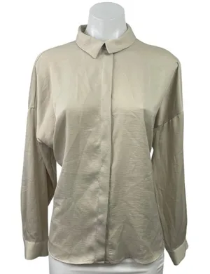 Zara Women's Cream White Long Sleeve Collared Pleated Button Down Shirt Top Sz M thumbnail 1
