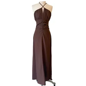 Riot Swim Dani Halter Maxi Dress S Ruched Backless Linen Resort Beach Brown NWT thumbnail 2