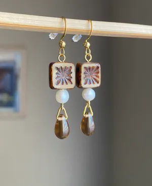 Handmade quality Czech glass beads & natural freshwater pearl chic fairy boho vintage retro style dangle earrings🌿✨ thumbnail 2