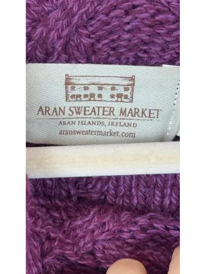 Aran Sweater Market 100% Merino Wool Cable Knit Cowl Neck Purple Sweater M thumbnail 2
