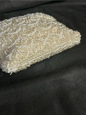 Ivory Beaded Evening Shoulder Hand Bag with Chain Strap Rhinestone Accent thumbnail 8