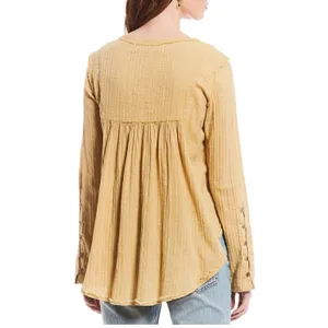 We The Free Sand Dune Henley LG Gauze Button Down Tunic Golden Yellow Boho Flowy thumbnail 4