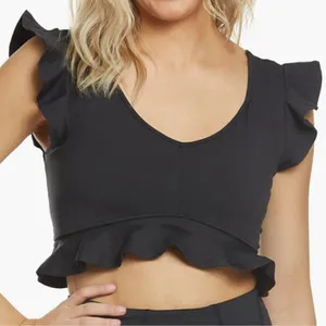 Free People Intimately Black Ruffle Plunge V-Neck Crop Top Peplum Size Large thumbnail 1