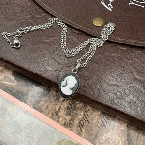 Black White Cameo Necklace Vintage Gothic Pendant 18” Chain thumbnail 6