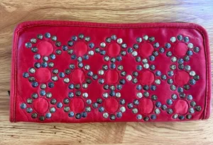 Rustic Red‎ Leather Studded Zip Around Continental Wallet Large Boho Festival thumbnail 1