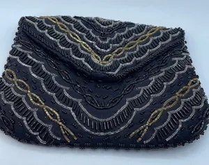 Vintage Y2K satin beaded black clutch. Snap front thumbnail 1