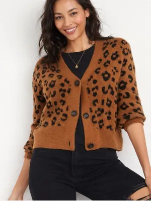 Old Navy‎ Brown Oversized Leopard Print Ribbed Knit Cardigan Sweater XS thumbnail 1