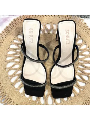 SCHUTZ Salwa Rhinestone Square Toe Heels Black Suede Block Size 7.5 thumbnail 3