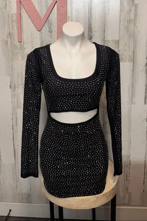 HOT & DELICIOUS Black Rhinestone Cutout Long Sleeve Mini Dress Womens Medium thumbnail 1