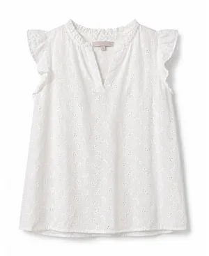 LOFT White Floral Eyelet Ruffle Blouse Size MP thumbnail 1