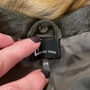 Love Token olive green vegan leather with faux fur removable collar moto jacket thumbnail 13