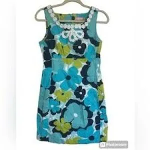 Lilly‎ Pulitzer Dress Women 6 Blue Floral 92862W Seersucker Lace Shift Preppy thumbnail 2