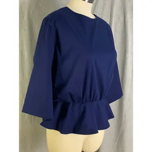 Toit‎ Volant Navy Open Back Peplum Blouse Bell Sleeve Top M USA thumbnail 3