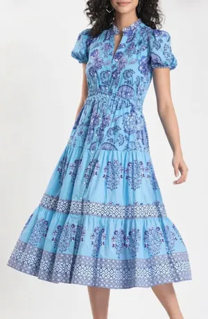 Celina Moon Blue Floral Cotton Tiered Midi Dress Smocked Boho‎ Size Small thumbnail 1