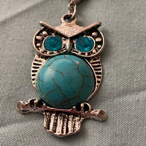 14” Necklace Silver Tone Owl On Branch Pendant Turquoise & Blue Stones thumbnail 2