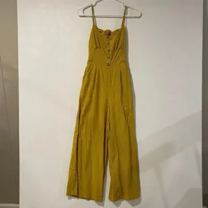 Lulus Mustard Stripe Wide Leg Jumpsuit XS Boho Button Front Romper thumbnail 2
