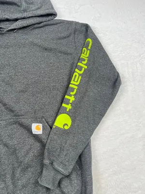 Carhartt K288 Carbon Heather Brite Lime Logo Sleeve Hoodie Men’s Size S thumbnail 2