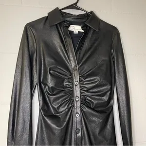 Vintage Havana Black Leather Ruched Shirt Dress Long Sleeve Women’s Size Small thumbnail 4
