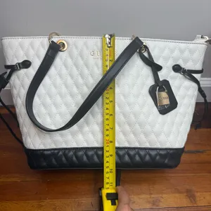 GUESS Quilted Two-Tone Tote in White and Black with Gold Hardware thumbnail 13