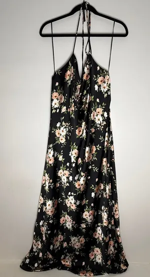 Old Navy The Occasion Black Floral Satin Cowl Halter Maxi Dress 2X 759358-01 thumbnail 1