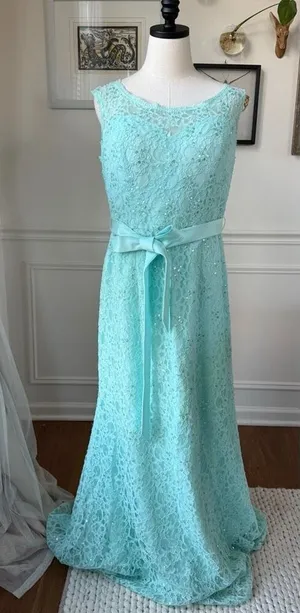 Morilee Aqua Blue Green Lace Sequin Formal Gown $185 thumbnail 1
