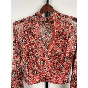 Free People All Dolled Up Mesh Floral Mock Neck Top Blouse Size XS‎ Open Back thumbnail 8