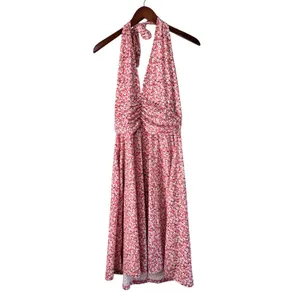 HUHOT Halter Dress Floral Ruched Summer Casual Sundress Pink‎ White L thumbnail 2