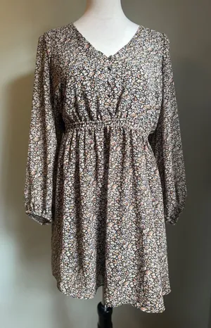 Madewell Floral Long Sleeve Mini Dress medium boho whimsi cottage‎ fairy Y2K tan thumbnail 1
