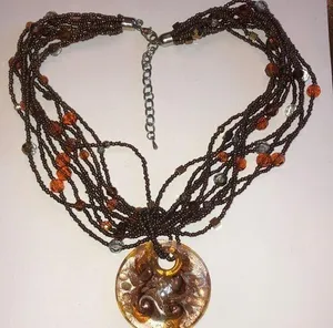 Vintage Multi Strand Brown Seed Bead Necklace With Brown & Gold Glass Pendant thumbnail 1