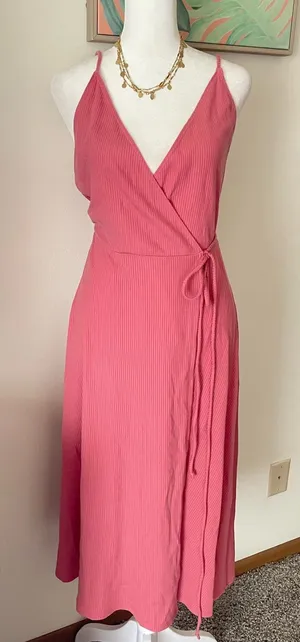 Reformation Vicky Ribbed Wrap Midi Dress in Pink Size Medium thumbnail 1