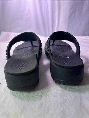 CROCS Women's Black Embellished Wedge Thong Sandals thumbnail 7