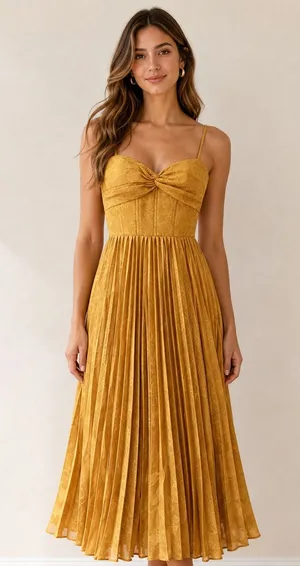 Yellow Pleated Midi Dress with Adjustable Straps Sz 7 thumbnail 1