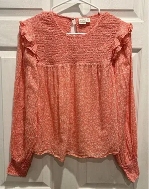 Billabong x Wrangler Womens Large Coral Floral Smocked Long Sleeve Blouse Ruffle thumbnail 1
