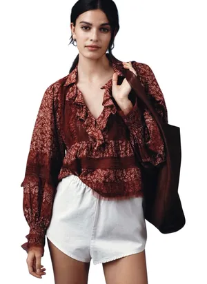 ANTHROPOLOGIE Women’s Boho Red Floral Lace Vneck Long Sleeve Top thumbnail 1