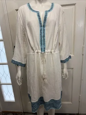 J Jill Gauzy Lined Ivory Dress XL Boho Drawstring Waist Blue Trim Pockets thumbnail 2