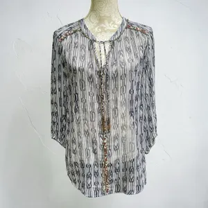 Charter Club Sheer Beaded Tassel Tunic Top XL Coastal Cowgirl Boho Navy White thumbnail 3