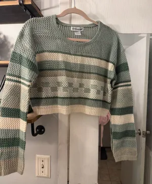 Cotton Emporium Sage & Cream Striped Open-Weave Cropped Sweater thumbnail 1