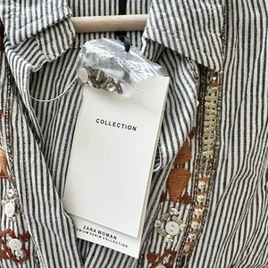 NWT Zara Collection Button down Shirt S Striped Embroidered Embellished cotton thumbnail 5