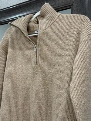 Old Navy Tan Quarter-Zip Mockneck Mini Sweater Shift Dress Oatmeal Heather XL thumbnail 5