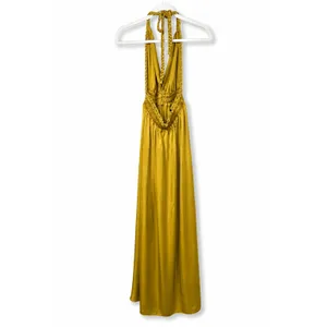 LoveShackFancy Golden Satin Plunge V-Neck Braided Halter Open Back Maxi Dress thumbnail 11