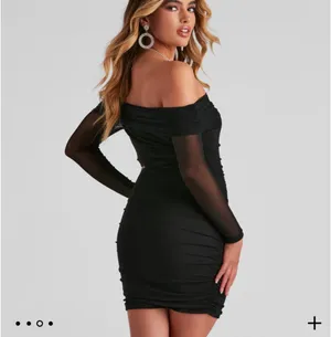 Black Off the Shoulder Long Sleeve Mesh Bodycon Mini Dress thumbnail 3