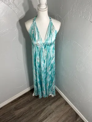 Seafoam Halter Maxi Dress - Flowing Aqua & White Print thumbnail 5