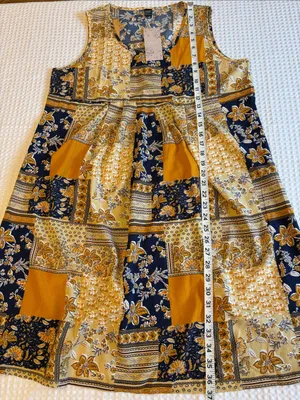 NEW! EMERY ROSE Boho Patchwork Swing Dress Mini Yellow Navy Blue Floral LARGE thumbnail 11