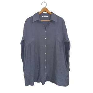 Zara‎ Slate Blue Grey Textured Cotton Gauze Button Down Shirt Dress Oversized M thumbnail 5