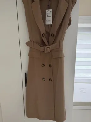 Zara Sleeveless Double-Breasted Belted Maxi Dress in Tan thumbnail 7