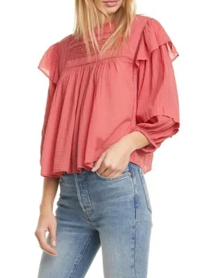 Free People Laura Western Top Red Berry Size XS Boho Embroidered FLAW Repaired thumbnail 1