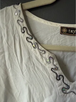 Raya Sun White Sleeveless Dress with Sequin Palm Tree Embroidery Size M thumbnail 4